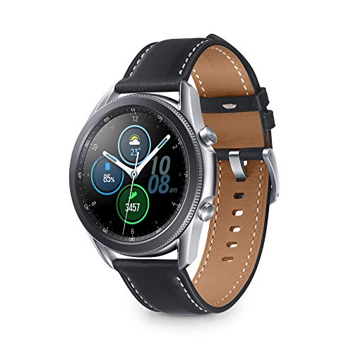 Samsung Galaxy Watch3 Bluetooth Smartwatch, Caja de acero de 45 mm, Correa de cuero, Detección de caídas, Monitoreo deportivo, Batería de 340 mAh, IP68, Plata (Mystic Silver) [Versión italiana]