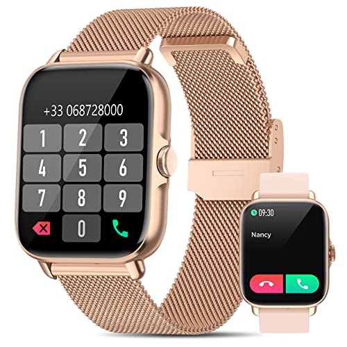 NAIXUES Smartwatch Mujer Bluetooth Llamada y Respuesta Manos Libres, 1.7'' SpO2 Smart Watch Monitor de Ritmo Cardíaco, Fitness Watch 28 Modos Deportivos Notificaciones de Mensajes WhatsApp para Android/iOS Oro Rosa